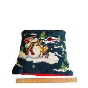 Red Tapestry pillow snowman deer Christmas 13x14”
